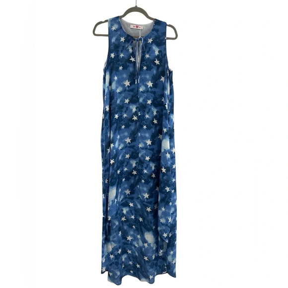 NWOT Women’s Buddy Love Blue & White Stars Hi lo Sleeveless Maxi Dress Size M/L - Picture 1 of 8